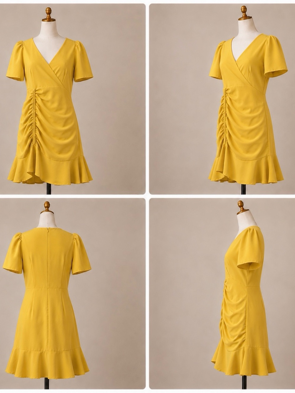 Yellow V-Neck Ruched Ruffle Dress - Picture 2 of 2